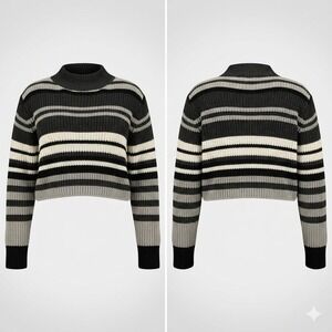 Romwe Women Sweater Cropped Mock Neck Small Black Gray White Striped Knit Grunge